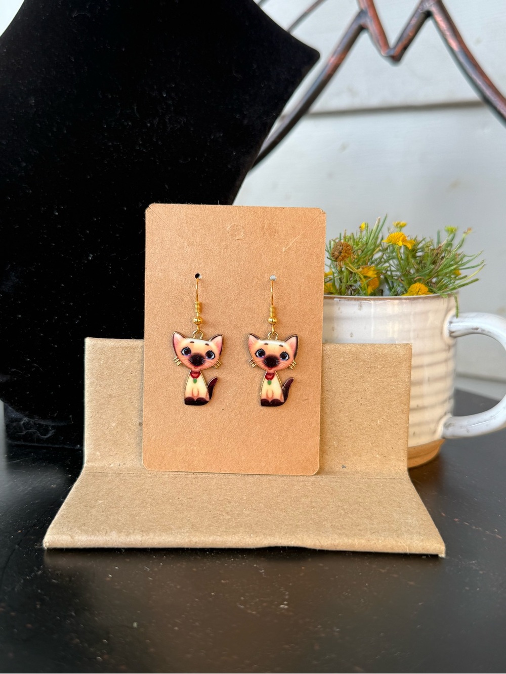 Handcrafted Cat Earrings - Pink and Cream Cat Design